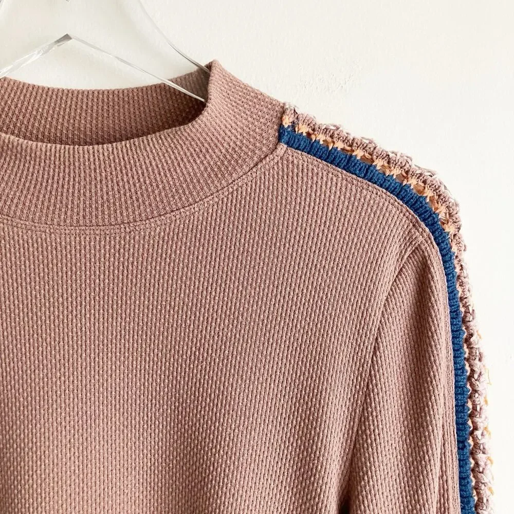 Free People Medium Crochet Sleeves Thermal Brown Boho Bohemian Fall Autumn - Picture 5 of 6